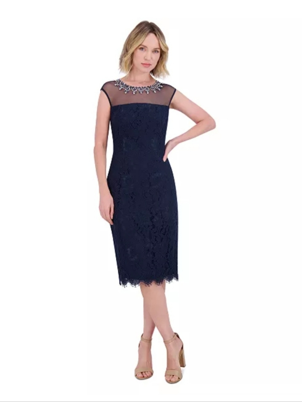Eliza J, Embellished Navy Lace Sheath Dress
